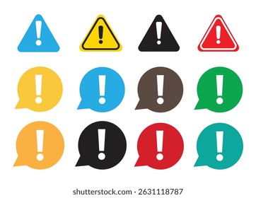 Set against a white background, colorful exclamation point signs feature distinct shapes, from classic triangles to chat bubbles, indicating caution and grabbing attention.