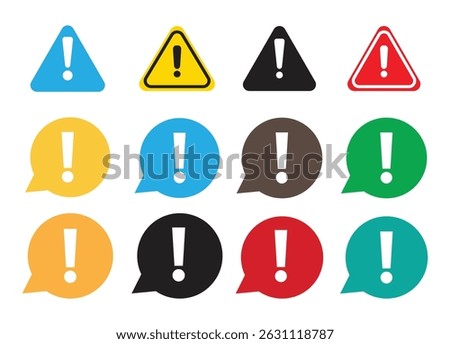 Set against a white background, colorful exclamation point signs feature distinct shapes, from classic triangles to chat bubbles, indicating caution and grabbing attention.