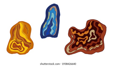 A set of agate and lapis lazuli crystals in a section. Vector illustration of gold minerals on a white background. Alternative medicine. Treatment with stones.