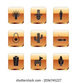 Set Agave, Burrito, Pinata, Cactus, Avocado fruit, Hot chili pepper pod, Corn and Mexican man sombrero icon. Vector