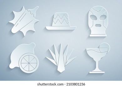 Set Agave, Mexican wrestler, Lemon, Margarita cocktail, sombrero and Hot chili pepper pod icon. Vector