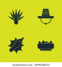 Set Agave, Nachos in bowl, Hot chili pepper pod and Mexican sombrero icon. Vector