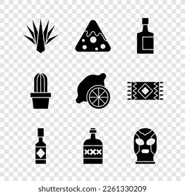 Set Agave, Nachos, Tequila bottle, Tabasco sauce, Mexican wrestler, Cactus or succulent in pot and Lemon icon. Vector