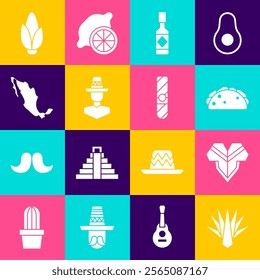 Set Agave, Poncho, Taco with tortilla, Tabasco sauce, Mexican man sombrero, Map of mexican, Corn and Cigar icon. Vector