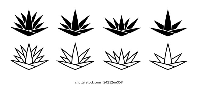 Set of agave vector icons. Black silhouette with aloe vera. Natural tequila.