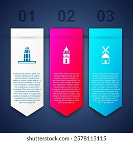 Set Agbar tower, Giralda and Windmill. Business infographic template. Vector