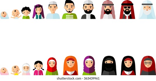 Set of age group arabic avatars in colorful style.
All age group of arab people. Generations arabian man and woman. 
Stages of development people - infancy, childhood, youth, maturity, old age. 
