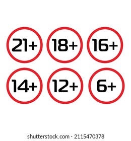 set of age icons +6, +12, +14, +16, +18, +21 in red circle, vector icon. Age warnings