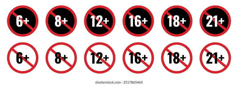 Set of Age limit icon collection. Age restrictions from six to twenty one symbol. Vector Illustration.