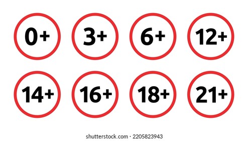 Set of age limit signs. Age restriction content icon vector illustration.