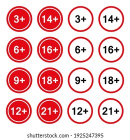 Set of age restriction badges, 3+, 6+, 9+, 12+, 14+, 16+, 18+, 21+. Isolated on a white background. Flat style. Vector illustration