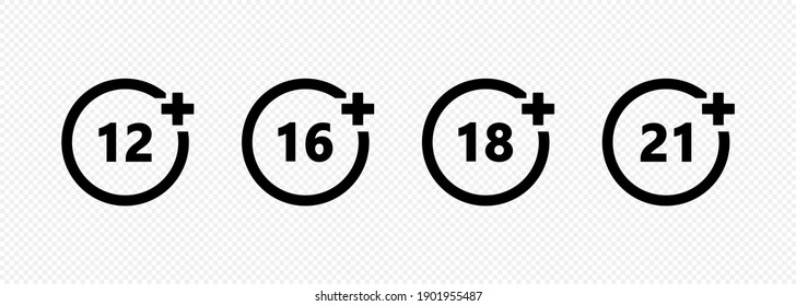 Set of age restriction icons. 12, 14, 18 and 21 age limit concept. Vector on isolated transparent background. EPS 10.