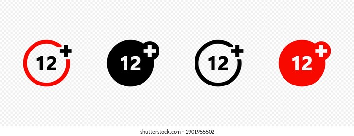 Set of age restriction icons. 12 age limit concept. Adults content icon. Vector on isolated transparent background. EPS 10