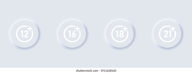 Set of age restriction icons. 12, 14, 18 and 21 age limit concept. Adults content. Neumorphism style. Vector EPS 10. Isolated on white background