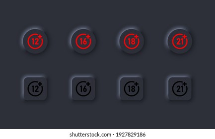 Set of age restriction icons. 12, 14, 18 and 21 age limit concept. Adults content. Dark theme. Neumorphism style. Vector EPS10. Isolated on background