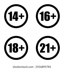 Set of age restriction icons. 14, 16, 18 and 21 age limit concept. Vector on isolated transparent background.