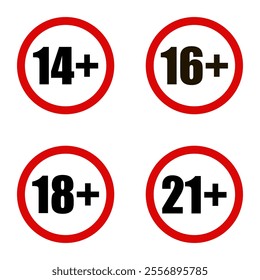 Set of age restriction icons. 14, 16, 18 and 21 age limit concept. Vector on isolated transparent background.