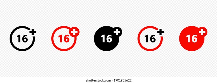 Set of age restriction icons. 16 age limit concept. Adults content icon. Vector on isolated transparent background. EPS 10