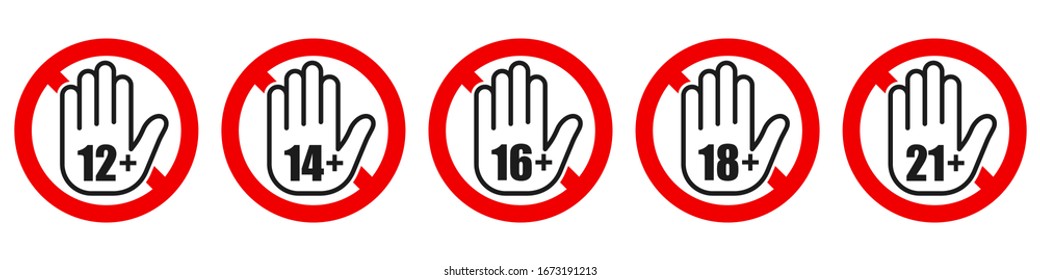 Set of age restriction signs. Age limit concept with hand icon. Vector illustration. Warning signs