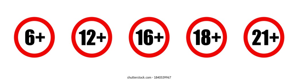 Conjunto de signos de restricción de edad. Concepto de límite de edad. Restricciones de edad para el diseño web. Icono de advertencia. Signo de prohibición roja. Signos de advertencia. Señal del vector. Ilustración, vector. Icono de vector aislado. EPS 10
