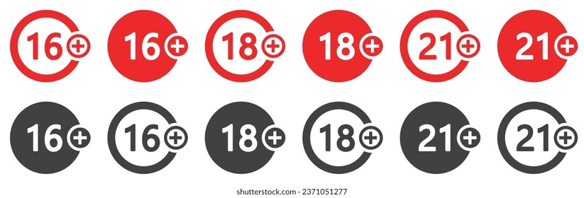 Conjunto de signos de restricción de edad en dos colores. Límite de edad de 16 a 21 años. Adultos с iconos de contenido, signos de prohibición. 16,18, 21 símbolos de edad. Ilustración vectorial.