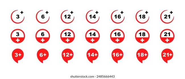 Set of age restriction vector signs. From 3 to 21 years icons set.