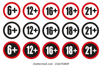 Set of age restrictions signs. Age limit from six to twenty-one. Vector icons