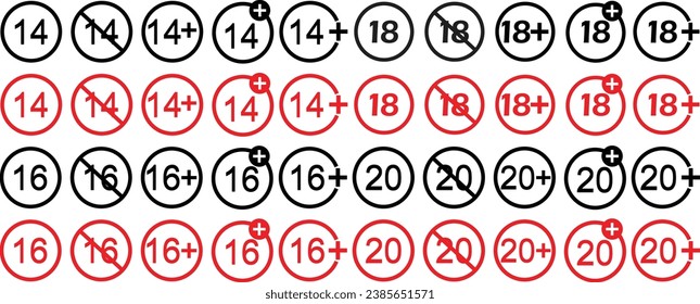 Set of age restrictions signs. Age limit from six to twenty. Vector icons