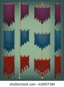 Set of aged medieval banners with wooden poles. Eps10 vector.