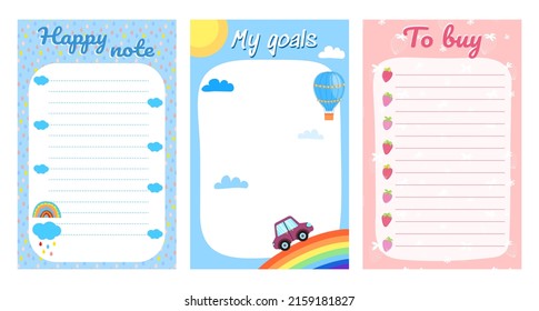 Set of agenda, goals, notes, planners, to buy list and to do list with hand drawn rainbow, car, strawberries. Template for schedule, planners, checklists, notepads, notes and cards
