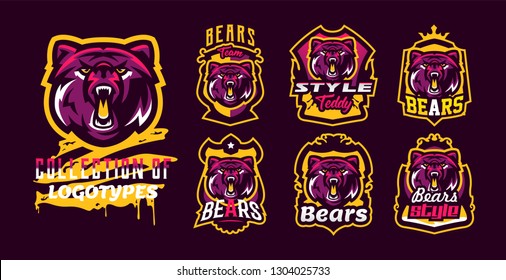 Set of aggressive bear emblems. Sports logo bear. The head of a forest predator, a wild beast. Colorful collection, vector illustration