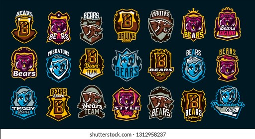 Set of aggressive bear emblems. Sports logo bear. The head of a forest predator, a wild beast. Colorful collection, vector illustration