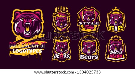 Set of aggressive bear emblems. Sports logo bear. The head of a forest predator, a wild beast. Colorful collection, vector illustration