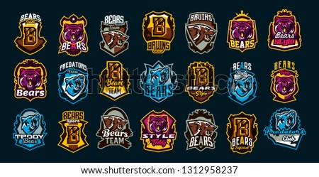 Set of aggressive bear emblems. Sports logo bear. The head of a forest predator, a wild beast. Colorful collection, vector illustration