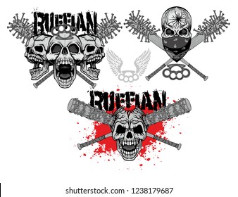 set aggressive emblem with skull, grunge vintage design t shirts