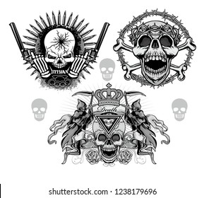 set aggressive emblem with skull, grunge vintage design t shirts