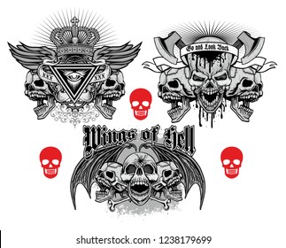 set aggressive emblem with skull, grunge vintage design t shirts