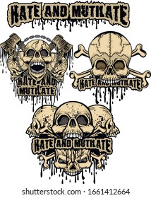 set, aggressive emblem with skull,, grunge vintage design t shirts