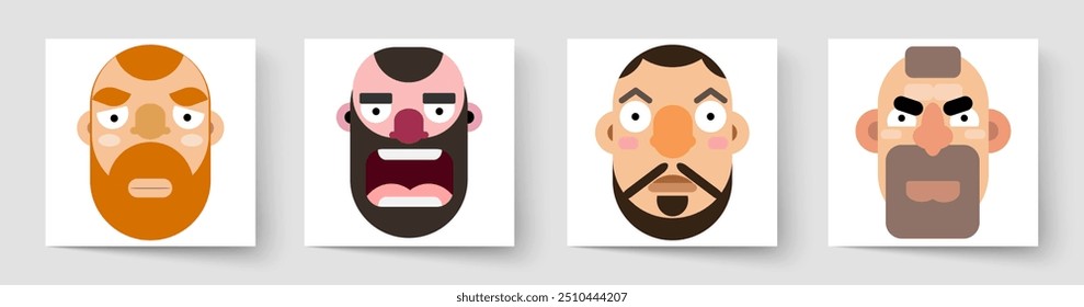 Conjunto de caras agresivas, avatares, cabezas de personas de diferentes nacionalidades en estilo plano. Abstractas caras cómicas con diferentes emociones. Conjunto de retratos coloridos de los usuarios. Rostros de personajes masculinos.