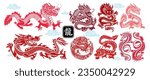 Set of aggressive japanese fantasy dragon concept in vintage monochrome style isolated vector illustration. Zodiac sign. Lunar new year, Chinese New Year 2024 Translate Chinese New Year