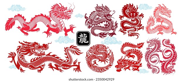Set of aggressive japanese fantasy dragon concept in vintage monochrome style isolated vector illustration. Zodiac sign. Lunar new year, Chinese New Year 2024 Translate Chinese New Year