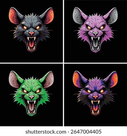 Conjunto de ilustrações agressivas do vetor do mascote da cabeça do rato. Uma coleção de personagens roedores ferozes em quatro variações de cores, ideal para o logotipo da equipe de jogos, cartaz, emblema de esports ou impressão de camiseta.