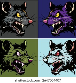 Conjunto de ilustrações agressivas do vetor do mascote da cabeça do rato. Uma coleção de personagens roedores ferozes em quatro variações de cores, ideal para o logotipo da equipe de jogos, cartaz, emblema de esports ou impressão de camiseta.