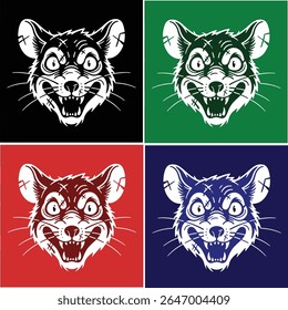 Set of aggressive rat head mascot vector illustrations. A collection of fierce rodent characters in four color variations, ideal for a gaming team logo,poster, esports emblem, or t-shirt print.
