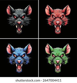 Conjunto de ilustrações agressivas do vetor do mascote da cabeça do rato. Uma coleção de personagens roedores ferozes em quatro variações de cores, ideal para o logotipo da equipe de jogos, cartaz, emblema de esports ou impressão de camiseta.