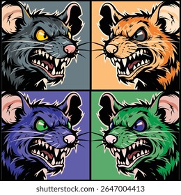 Conjunto de ilustrações agressivas do vetor do mascote da cabeça do rato. Uma coleção de personagens roedores ferozes em quatro variações de cores, ideal para o logotipo da equipe de jogos, cartaz, emblema de esports ou impressão de camiseta.