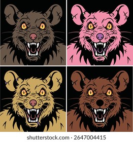Conjunto de ilustrações agressivas do vetor do mascote da cabeça do rato. Uma coleção de personagens roedores ferozes em quatro variações de cores, ideal para o logotipo da equipe de jogos, cartaz, emblema de esports ou impressão de camiseta.