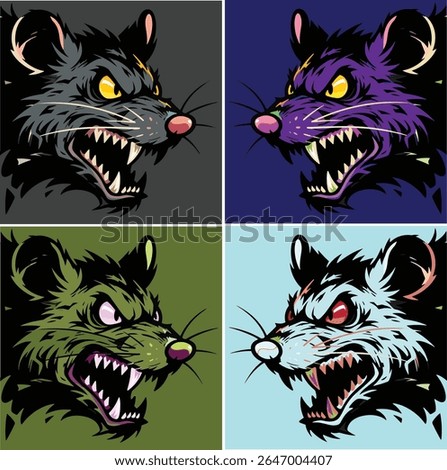 Set of aggressive rat head mascot vector illustrations. A collection of fierce rodent characters in four color variations, ideal for a gaming team logo,poster, esports emblem, or t-shirt print.