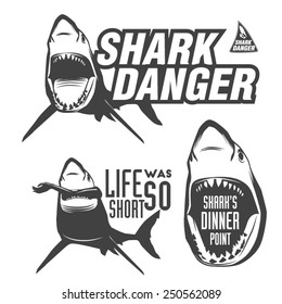 Set of aggressive shark sings for beach, surfing, diving, kitesurfing, windsurfing and other water sports