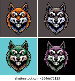 Set of aggressive wolf head mascot logo, vector illustration for sports and esports team identity